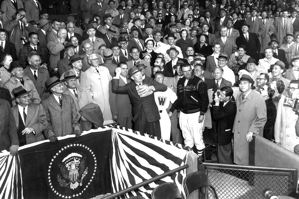 President Eisenhower throws ceremonial first pitch