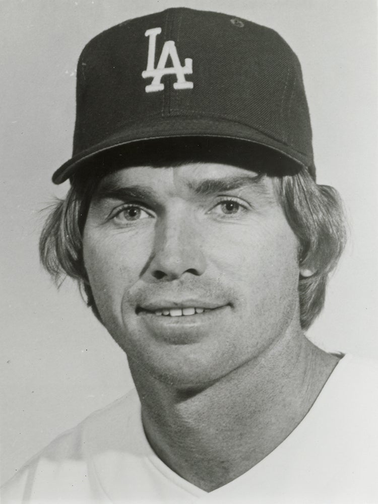 Head and shoulders portrait of Bill Russell in Dodgers uniform