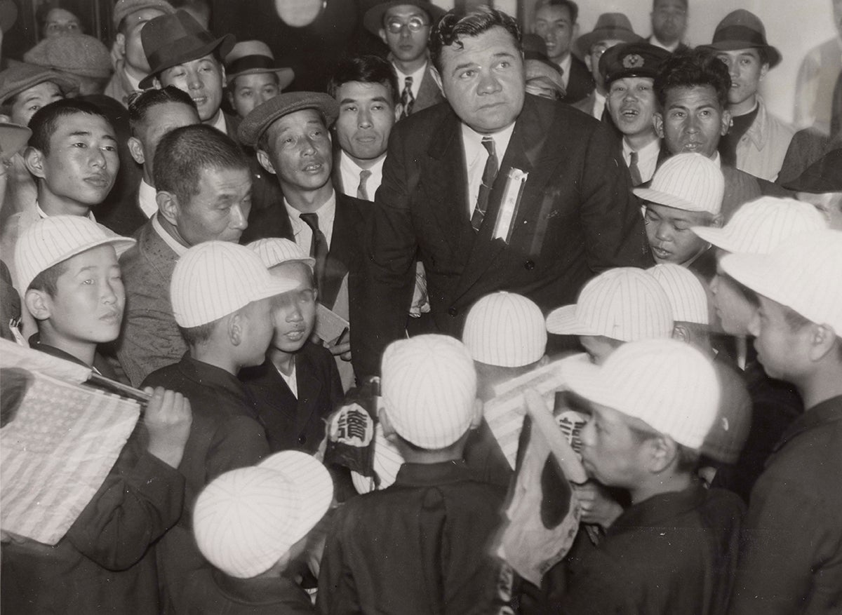 Babe Ruth greeted by fans in Japan