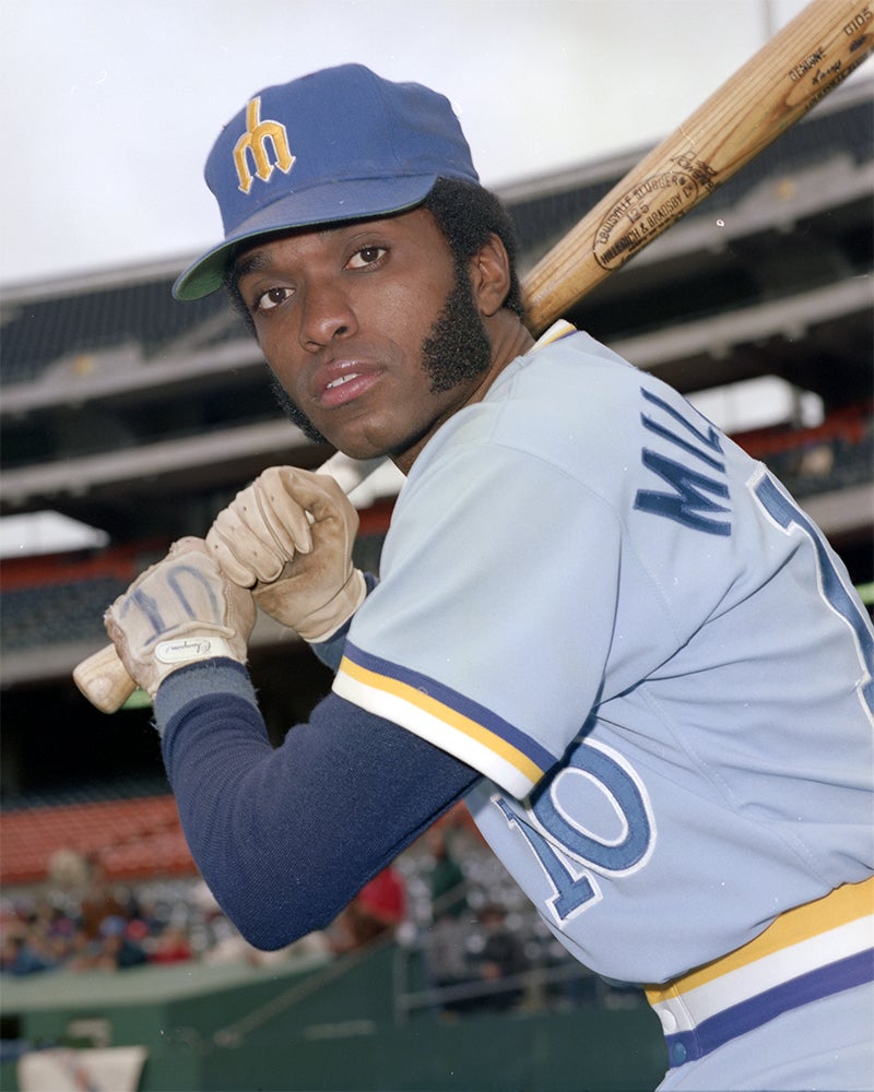 Batting portrait of Larry Milbourne in Seattle uniform