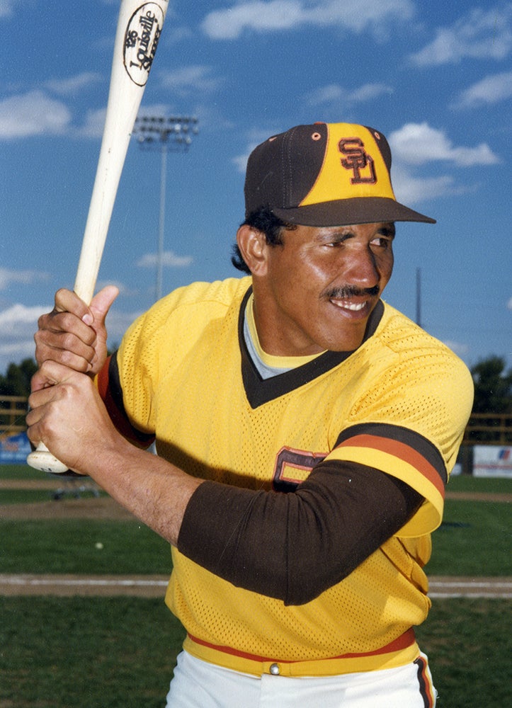 Batting portrait of Luis Salazar in Padres uniform