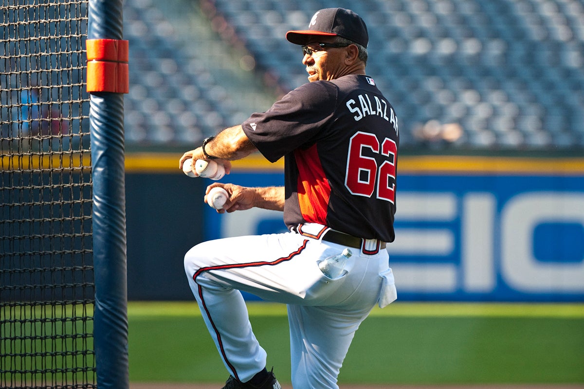 Luis Salazar throws batting practice for Braves