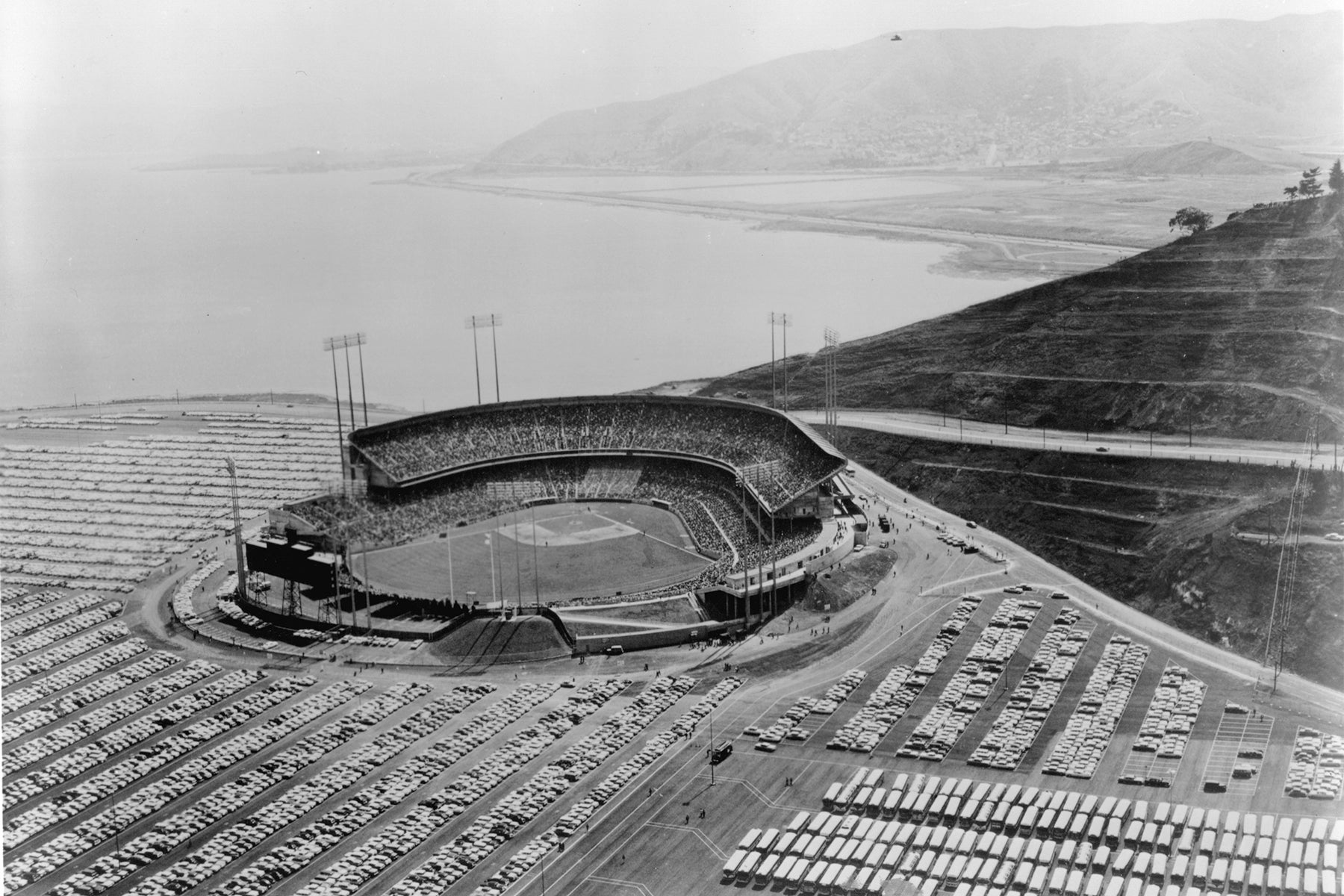 Aerial view of Candlestick Park near San Francisco Bay