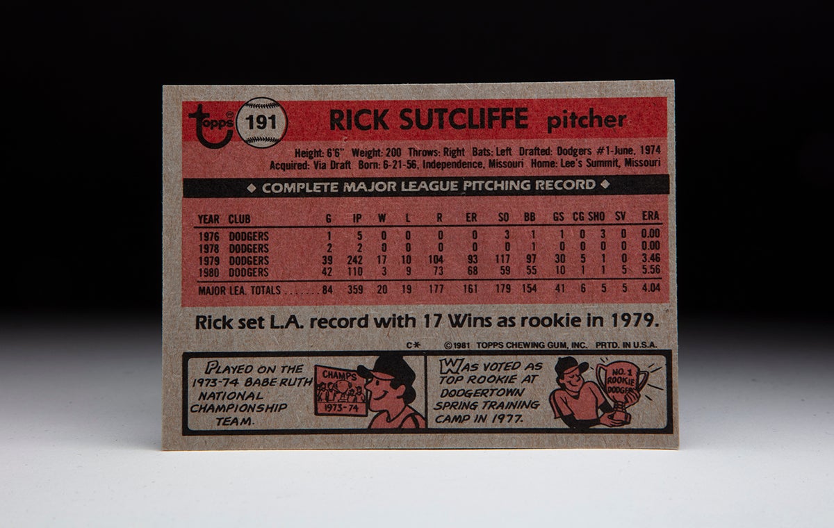 Reverse side Sutcliffe 1981 Topps card