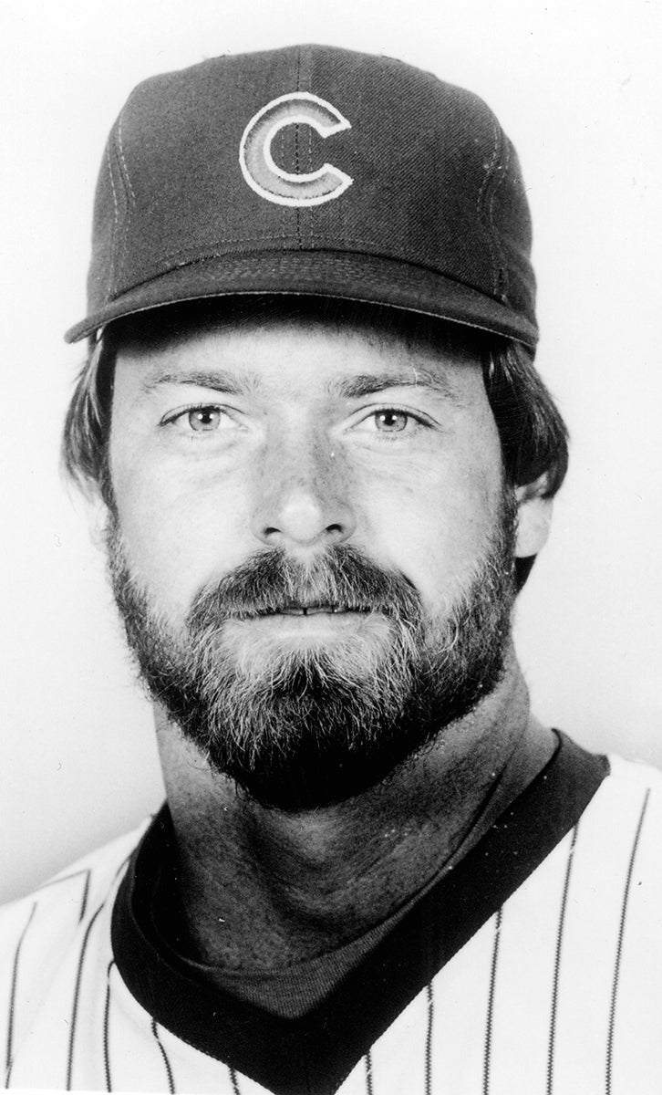 Sutcliffe in Cubs hat, black and white photo