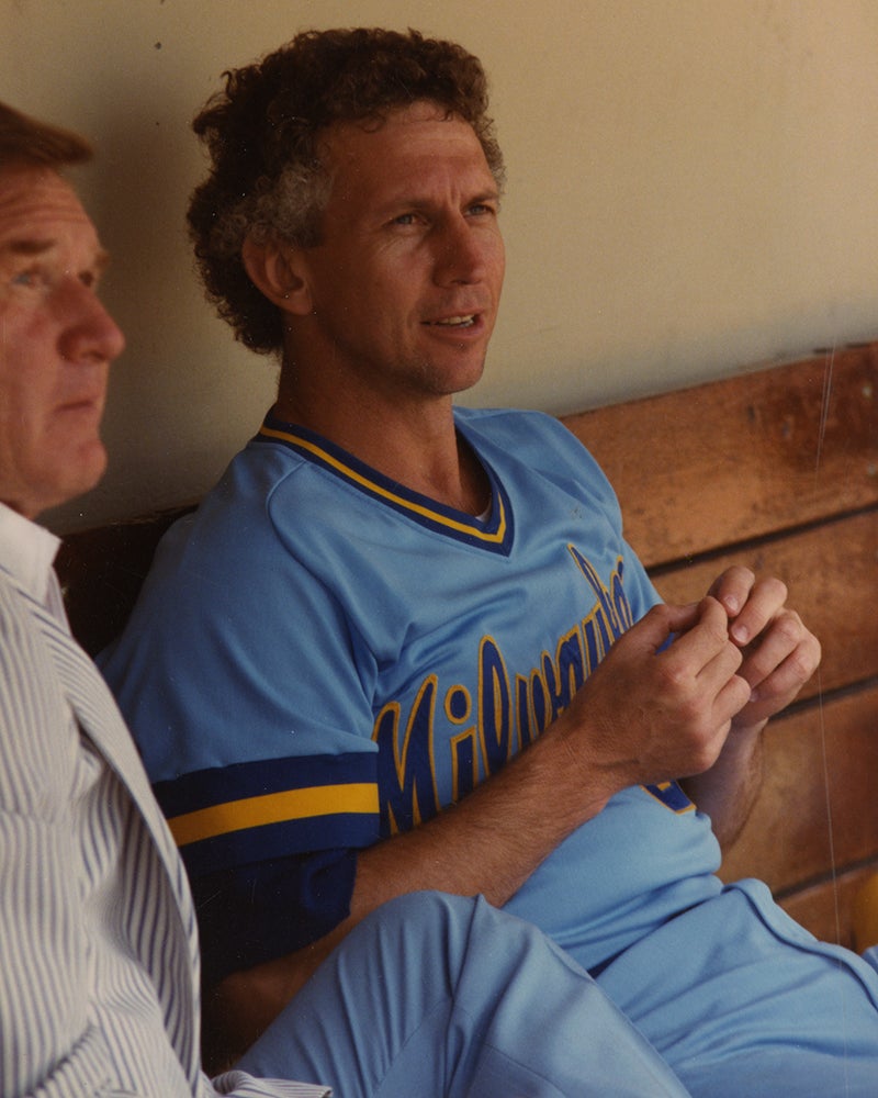 Don Sutton seated in Brewers dugout