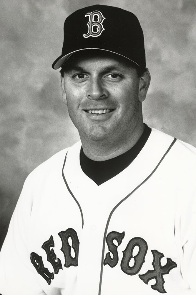 Head and shoulders portrait of Greg Swindell in Red Sox uniform