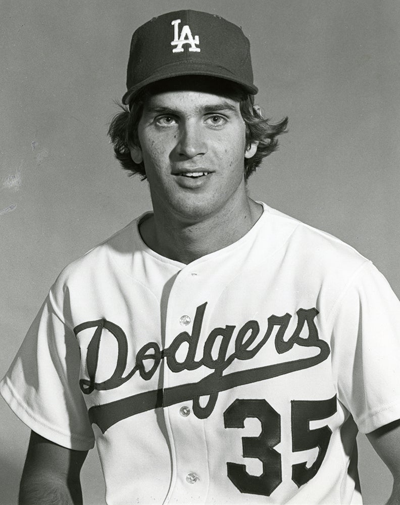 Black and white portrait of Bob Welch in Dodgers uniform