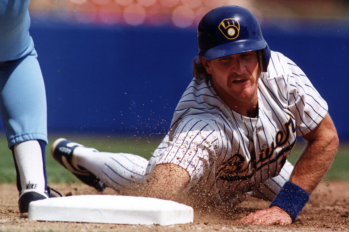 Robin Yount slides into third base