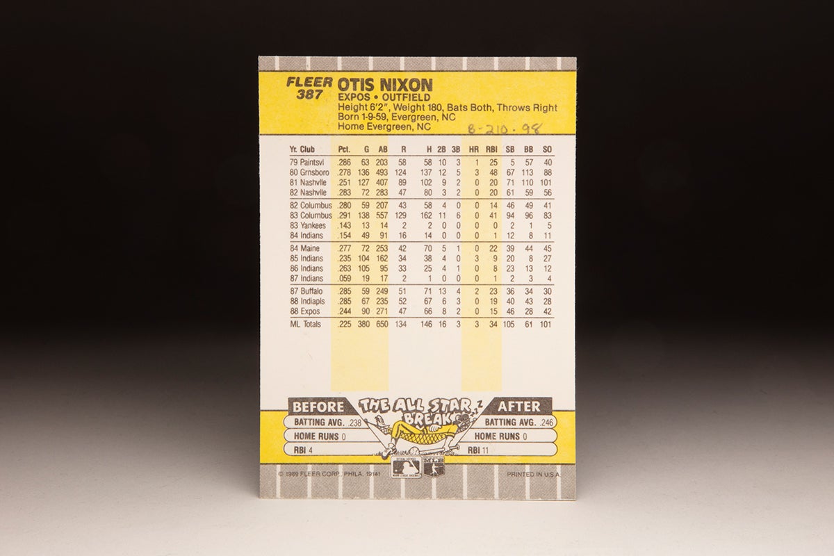 Back of 1989 Fleer Otis Nixon card