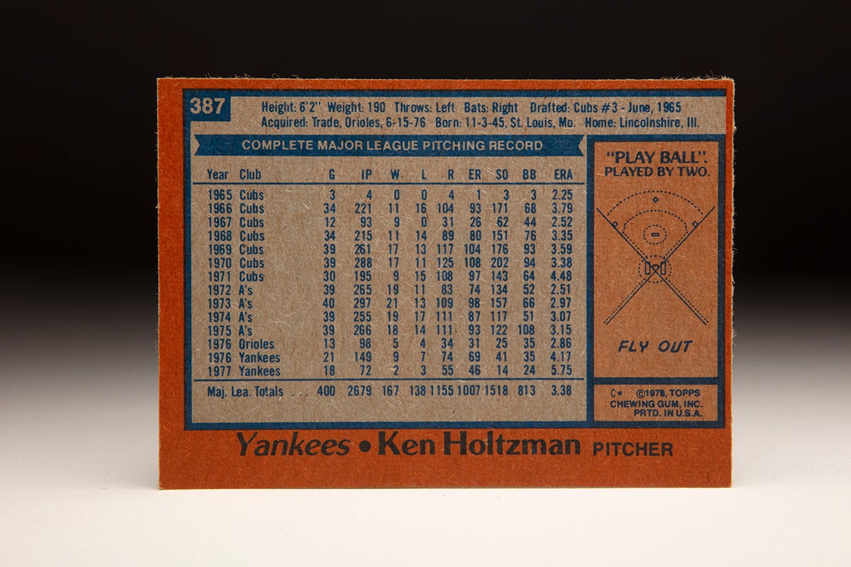 Back of 1978 Topps Ken Holtzman card