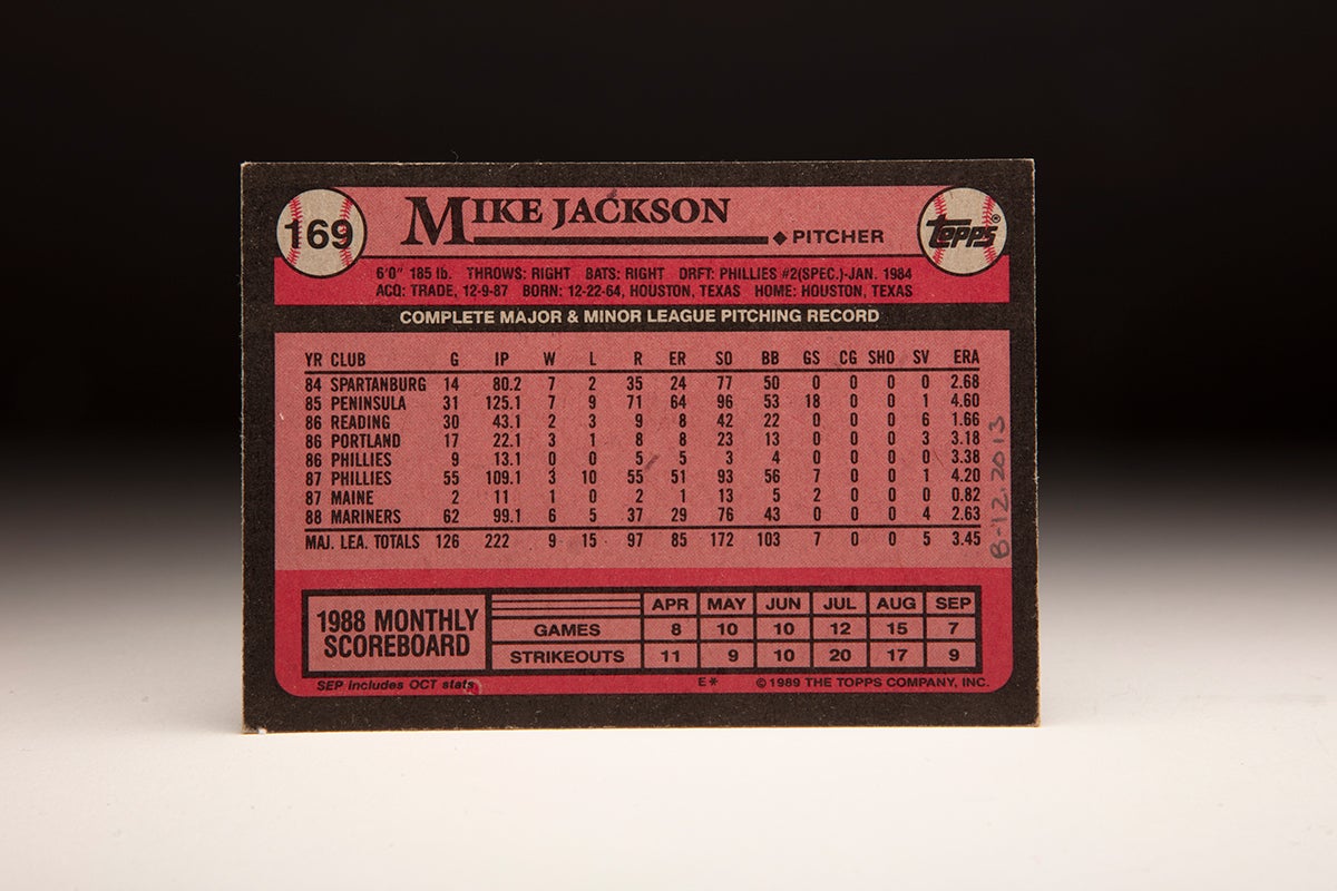 Back of 1989 Topps Mike Jackson card