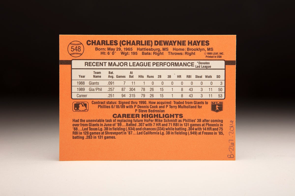 Back of 1990 Donruss Charlie Hayes card
