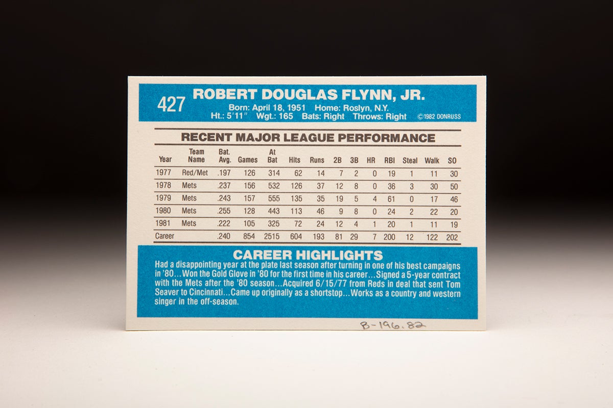 Back of 1982 Donruss Doug Flynn card