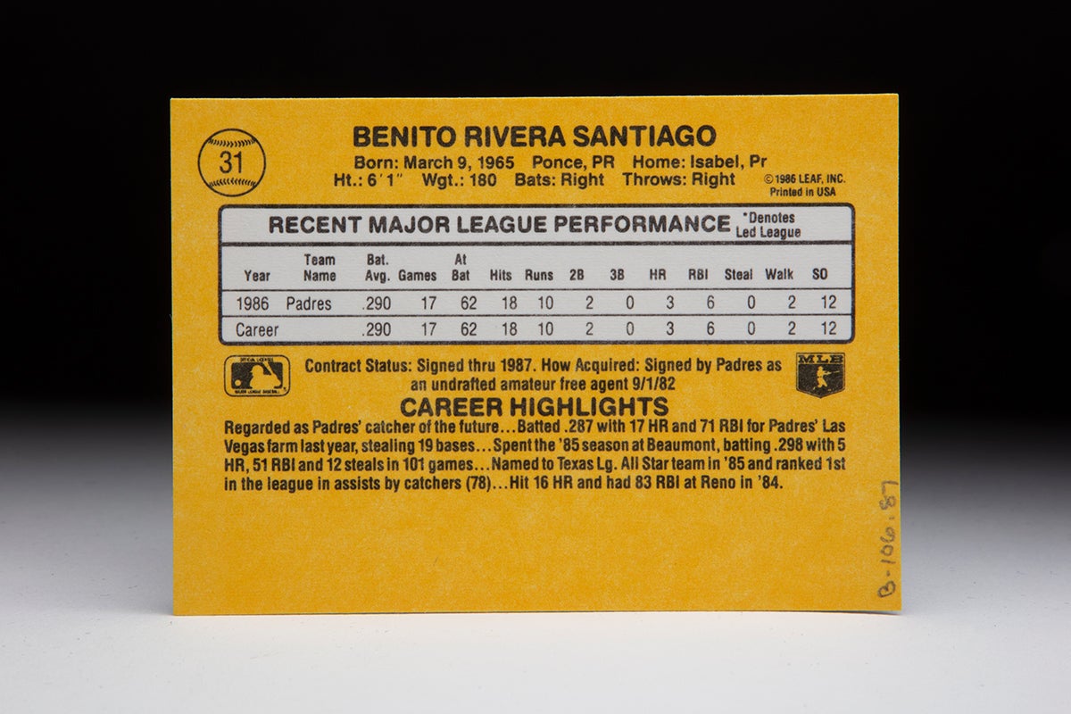 Back of 1987 Donruss Benito Santiago card