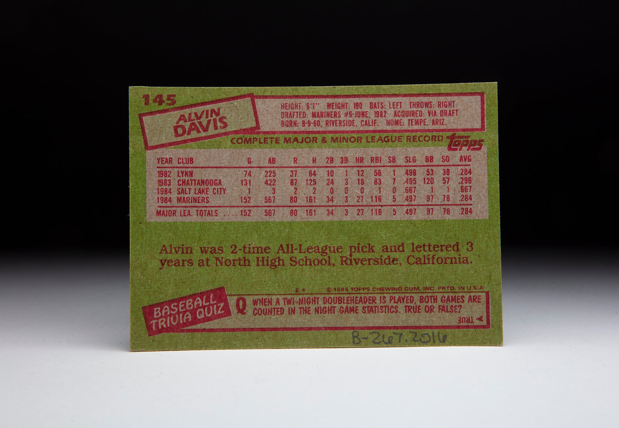 Back of 1985 Topps Alvin Davis card