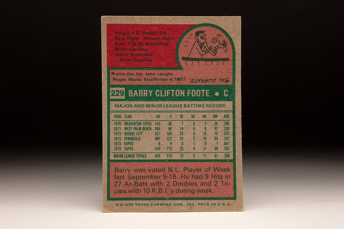 Back of 1975 Topps Barry Foote card