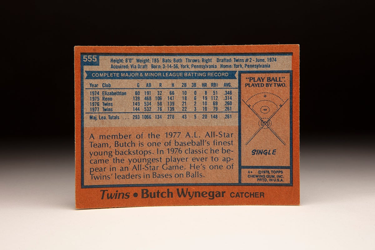 Back of 1978 Topps Butch Wynegar card