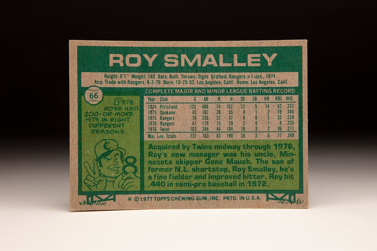 Back of 1977 Topps Roy Smalley card