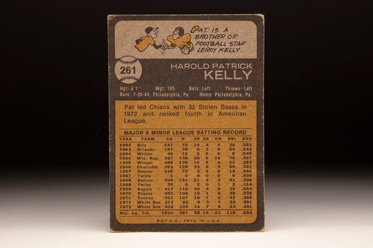 Back of 1973 Topps Pat Kelly card