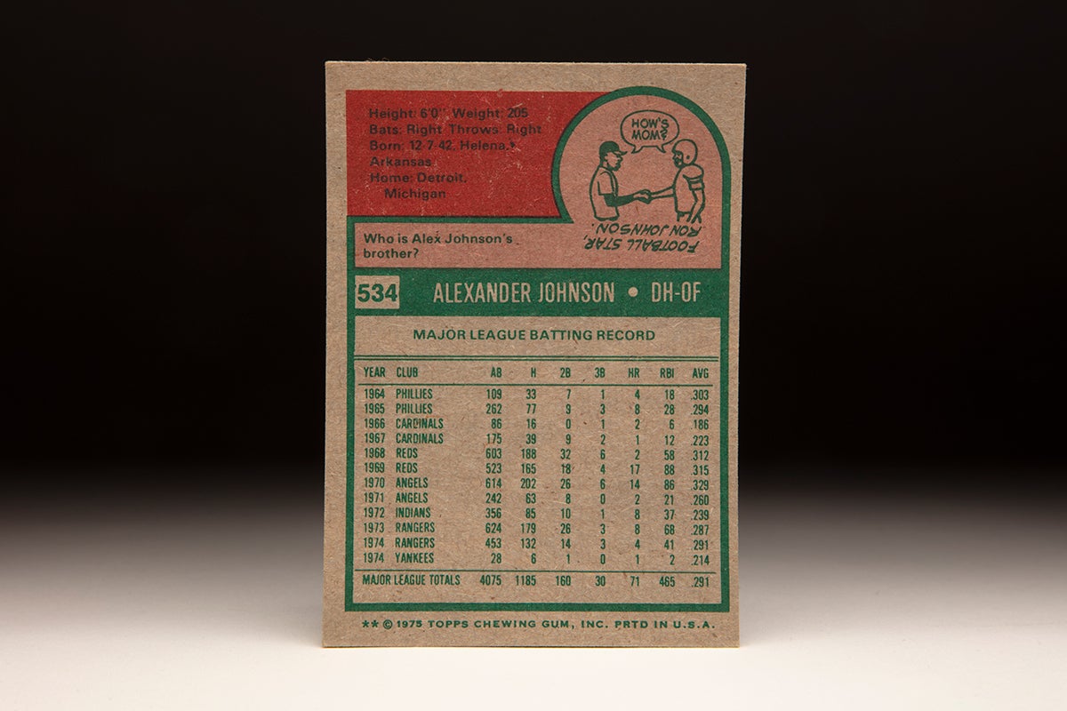 Back of 1975 Topps Alex Johnson card