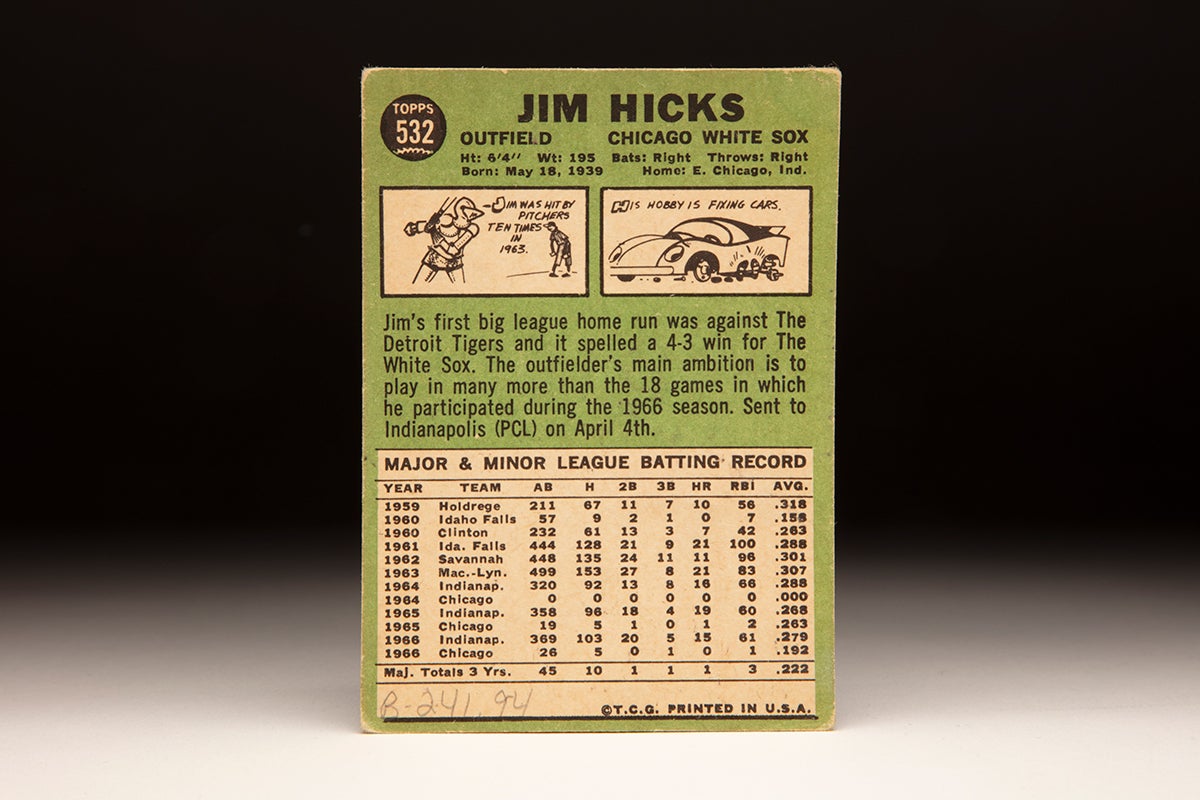 Back of 1967 Topps Jim Hicks card