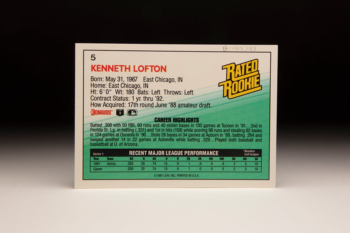 Back of 1992 Donruss Kenny Lofton card