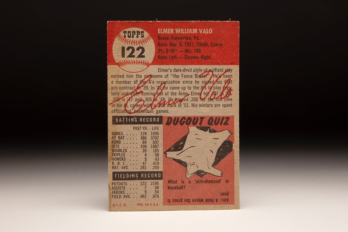 Back of 1953 Topps Elmer Valo card