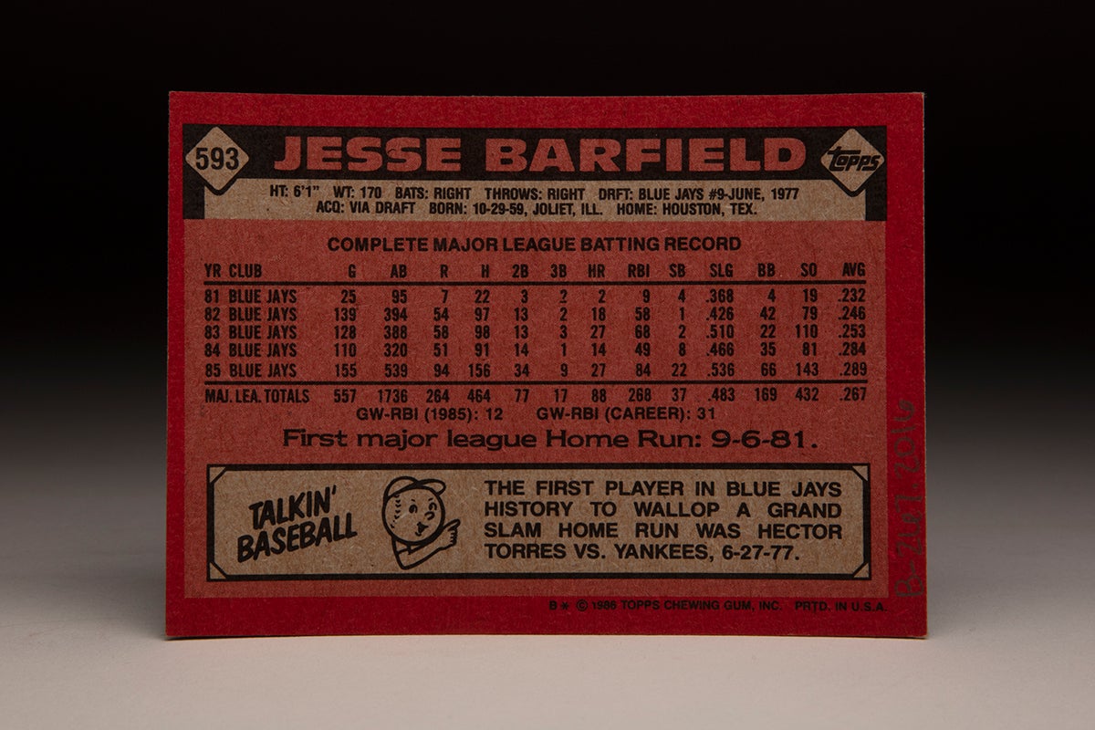Back of 1986 Topps Jesse Barfield card