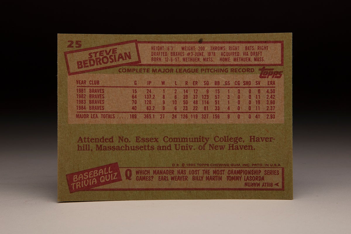 Back of 1985 Topps Steve Bedrosian card