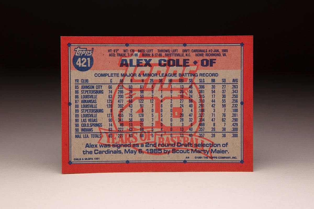 Back of 1991 Topps Alex Cole card