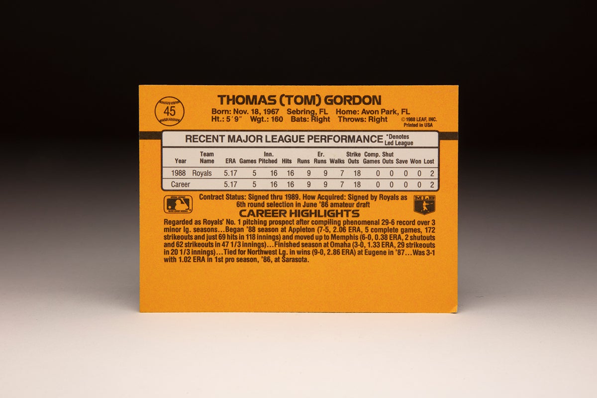 Back of 1989 Donruss Tom Gordon card