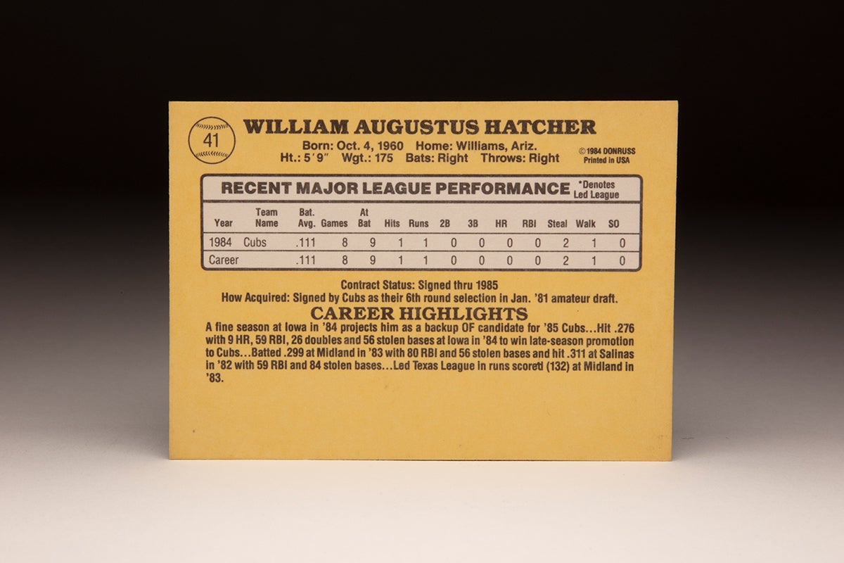 Back of 1985 Donruss Billy Hatcher card