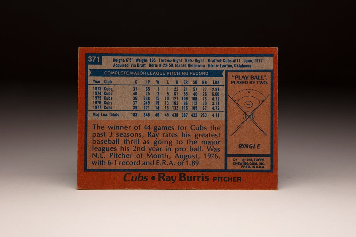 Back of 1978 Topps Ray Burris card