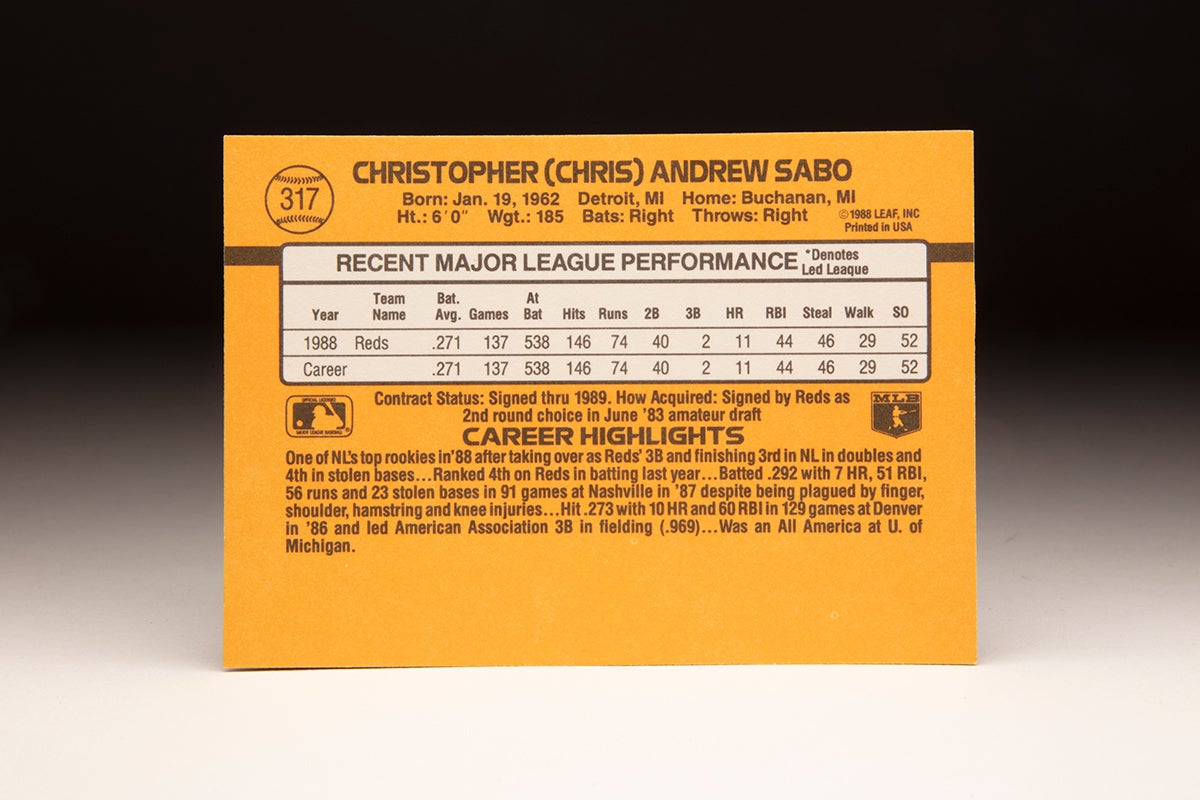 Back of 1989 Donruss Chris Sabo card