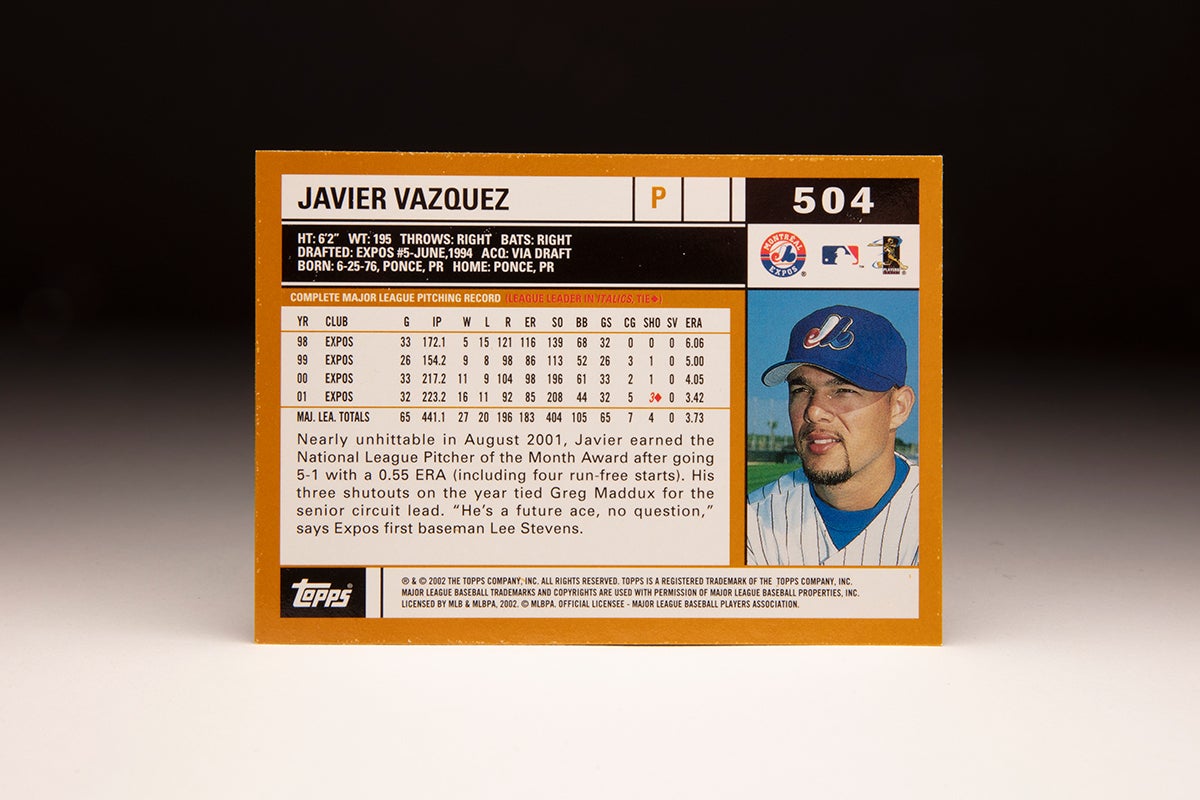 Back of 2002 Topps Javier Vázquez card