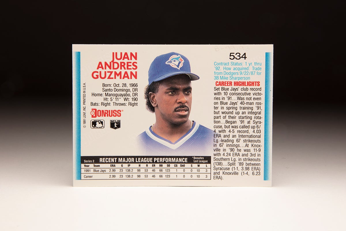 Back of 1992 Donruss Juan Guzmán card