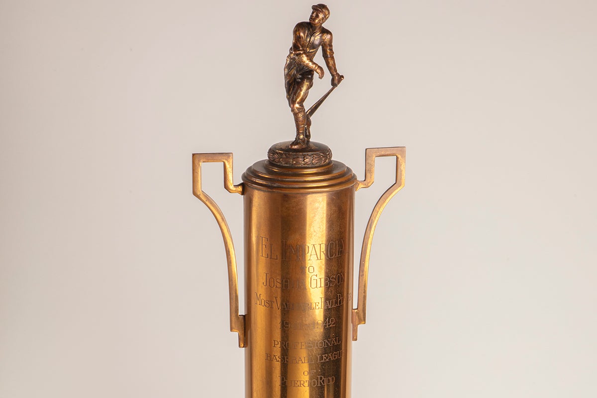 Closeup of 1941-42 trophy presented to Josh Gibson