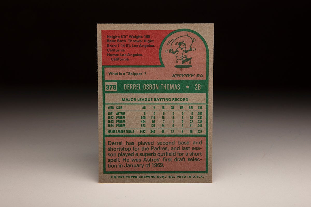 Back of 1975 Topps Derrel Thomas card