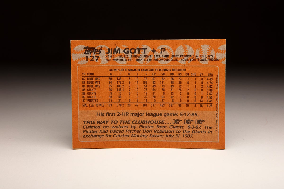 Back of 1988 Topps Jim Gott card