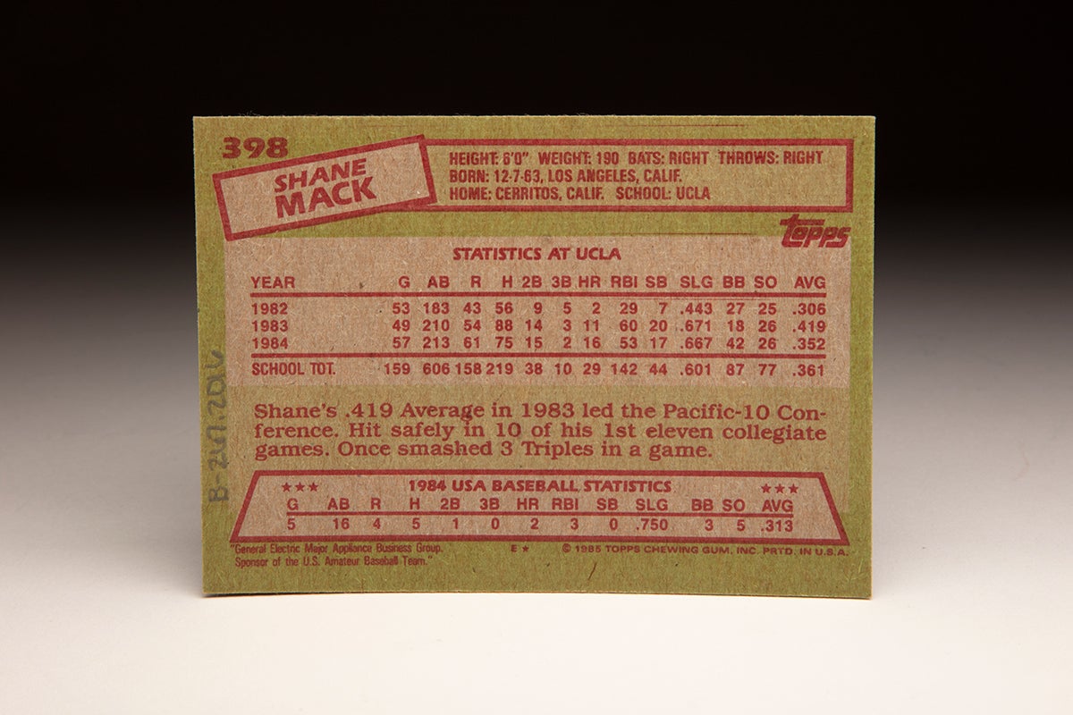 Back of 1985 Topps Shane Mack card