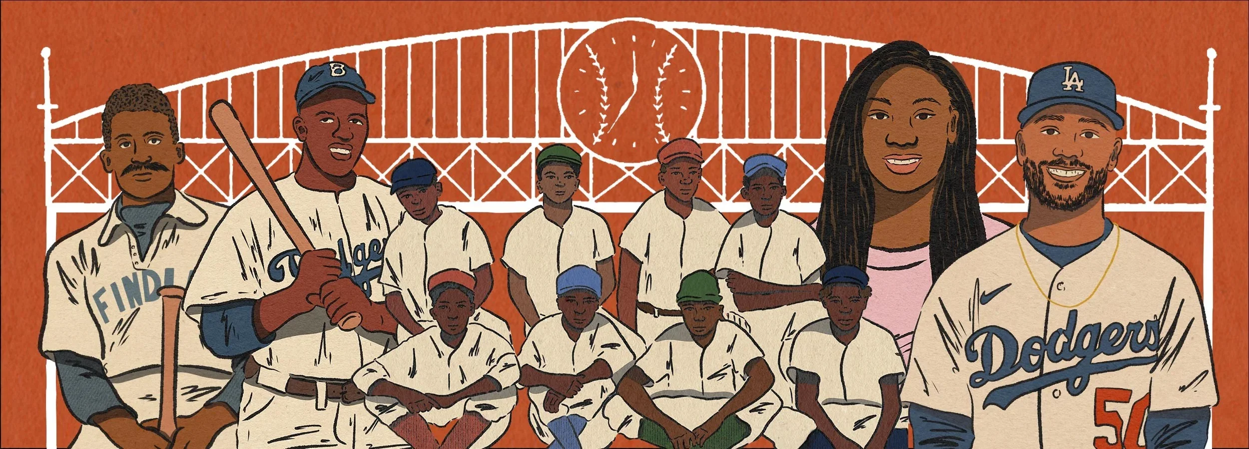 Illustration featuring from l-r Bud Fowler, Jackie Robinson, Cannon Street All-Stars, Mo' ne Davis and Mookie Betts 