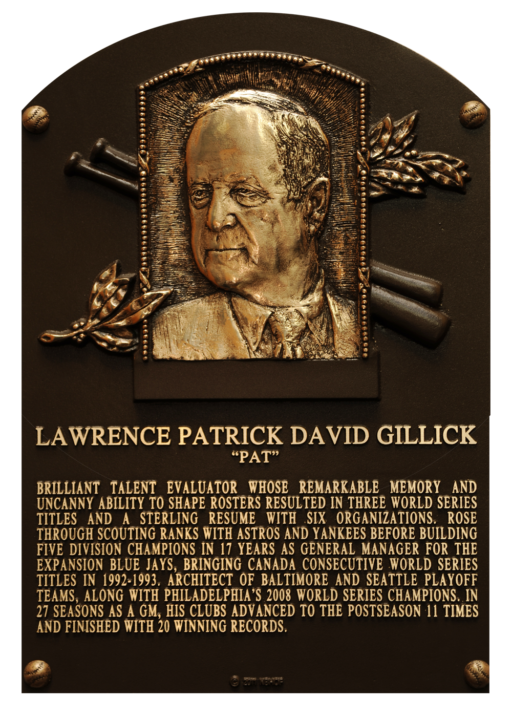 Pat Gillick Hall of Fame plaque