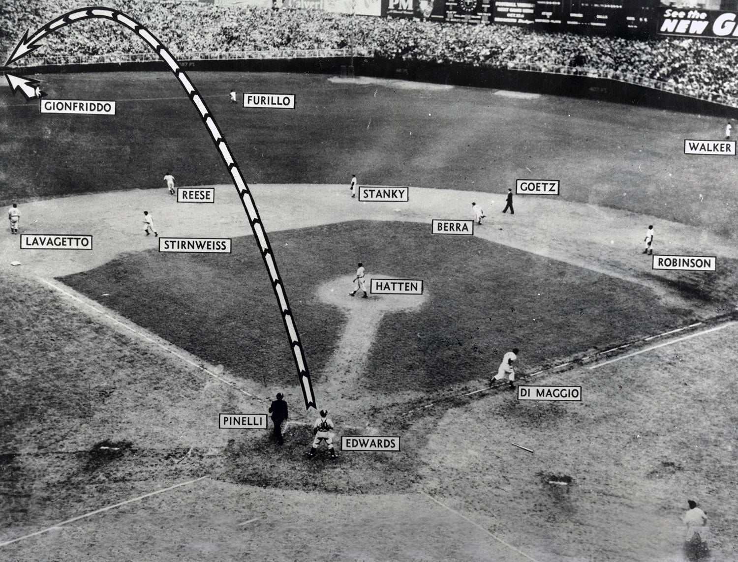 Gionfriddo robs DiMaggio of an extrabase hit in Game 6 of 1947 World