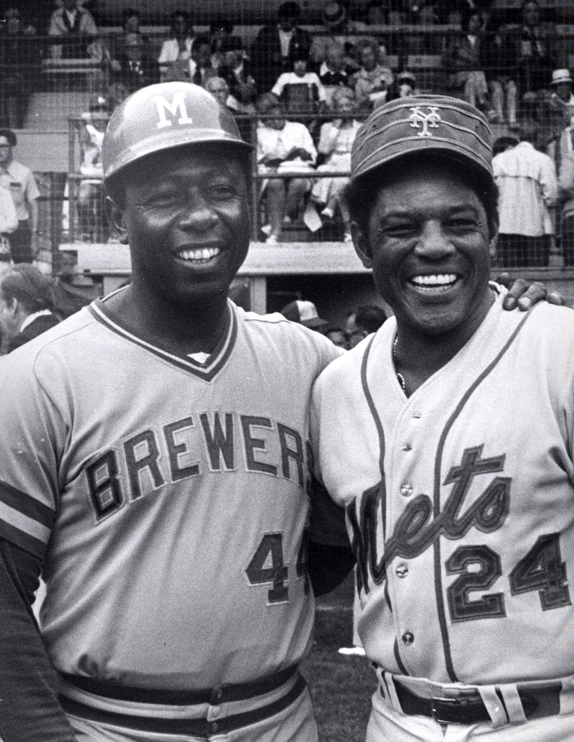 Hall of Fame outfielders Hank Aaron (L) and Willie Mays at Dodger
