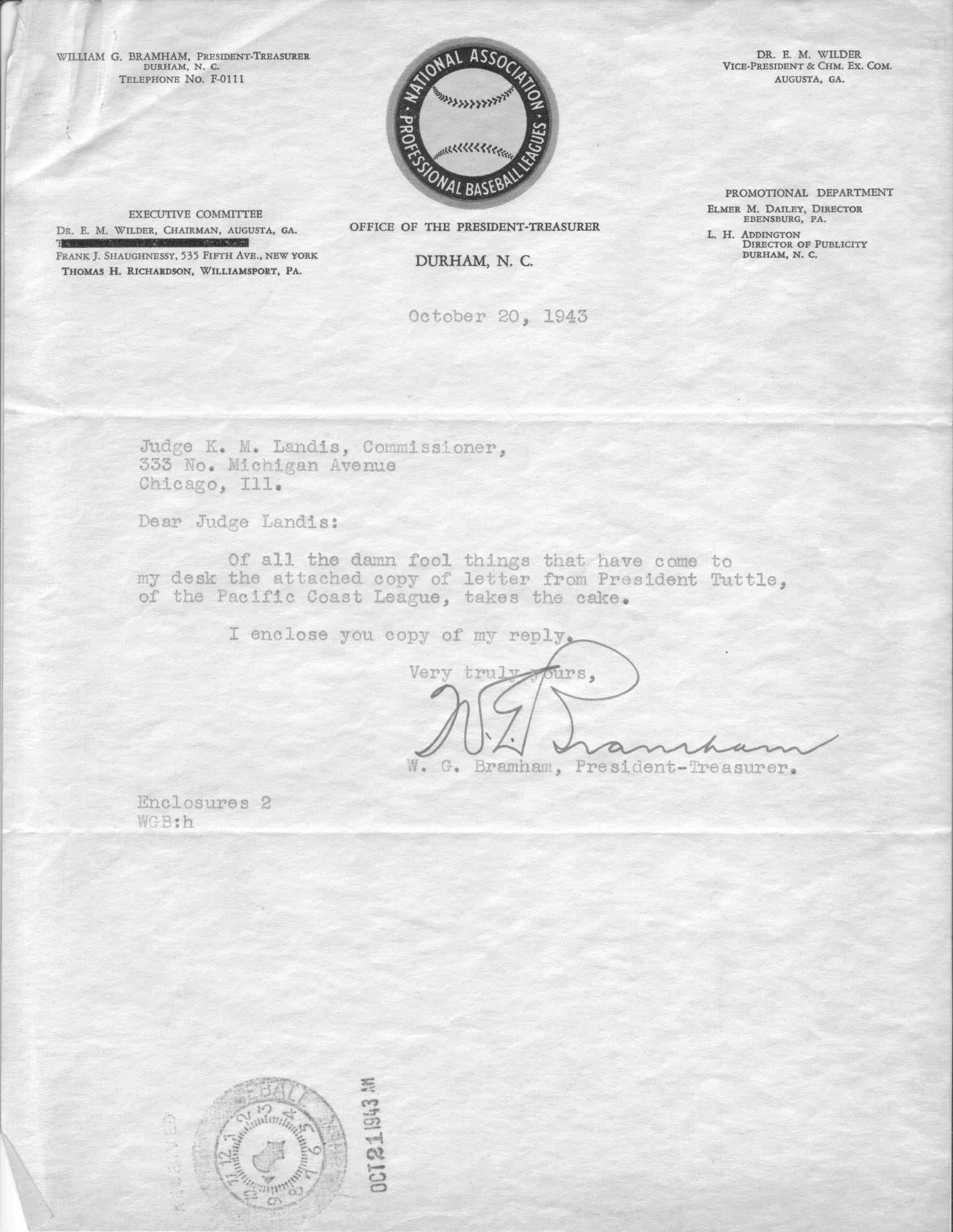Ba Mss 67 Folder 7 Corr 1943 10 Iii Baseball Hall Of Fame