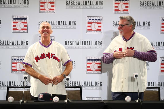 Alan Trammell and Jack Morris try on their new Hall of Fame jerseys following the Modern Baseball Era electee press conference on Dec. 11, 2017. (Alex Trautwig/MLB Photos) 