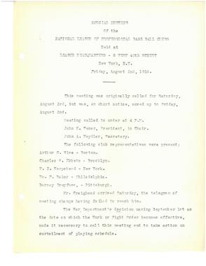 (1 of 3) Official minutes from a special meeting of National League club owners on Aug. 2, 1918 in which they resolved to end the season early on Sept. 2 of that year. BA MSS 55 (National Baseball Hall of Fame Archive)