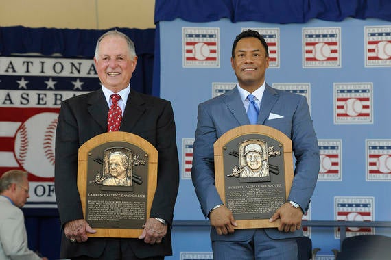 Roberto Alomar (right) would be inducted into the Hall of Fame Class of 2011 with Pat Gillick (left), who brought Alomar to both Toronto and Baltimore. (Milo Stewart Jr. / National Baseball Hall of Fame) 