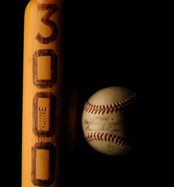 The bat and ball used by Hank Aaron used to record his 3,000th hit on May 17, 1970. (Milo Stewart, Jr. / National Baseball Hall of Fame)